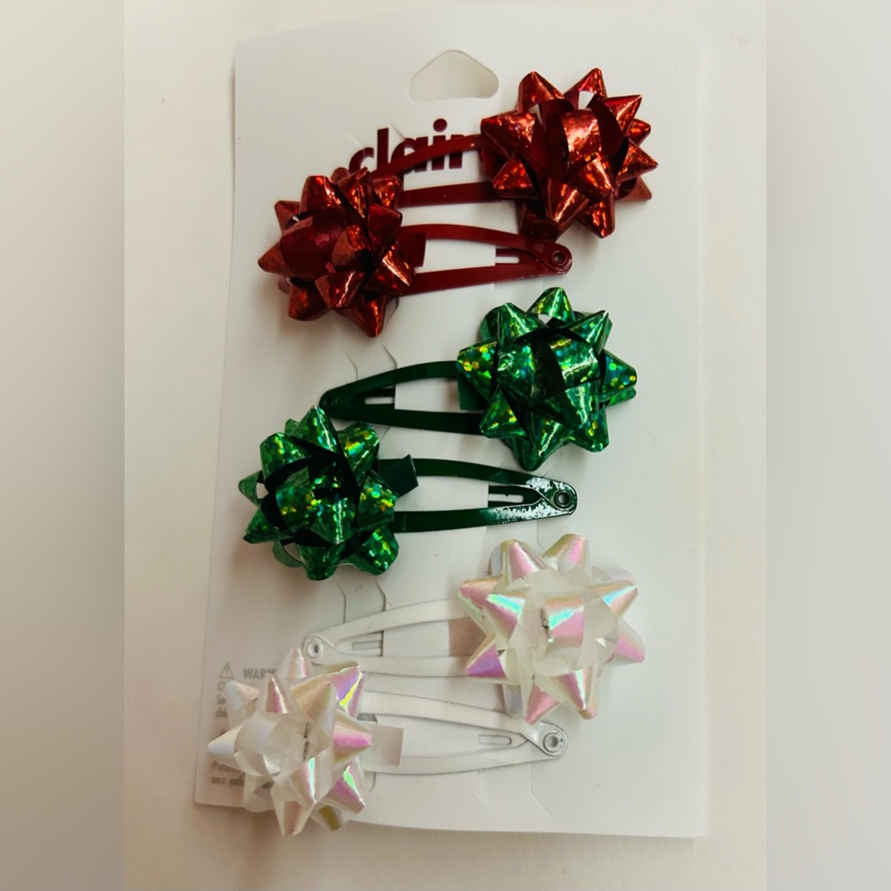 New Claire's 3 Clip Bow Barrettes Red Green White